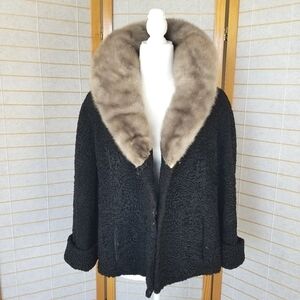 Vintage Black Curly Lamb Fur Jacket w/ Silver Mink Collar | M/L Opera Swing Coat